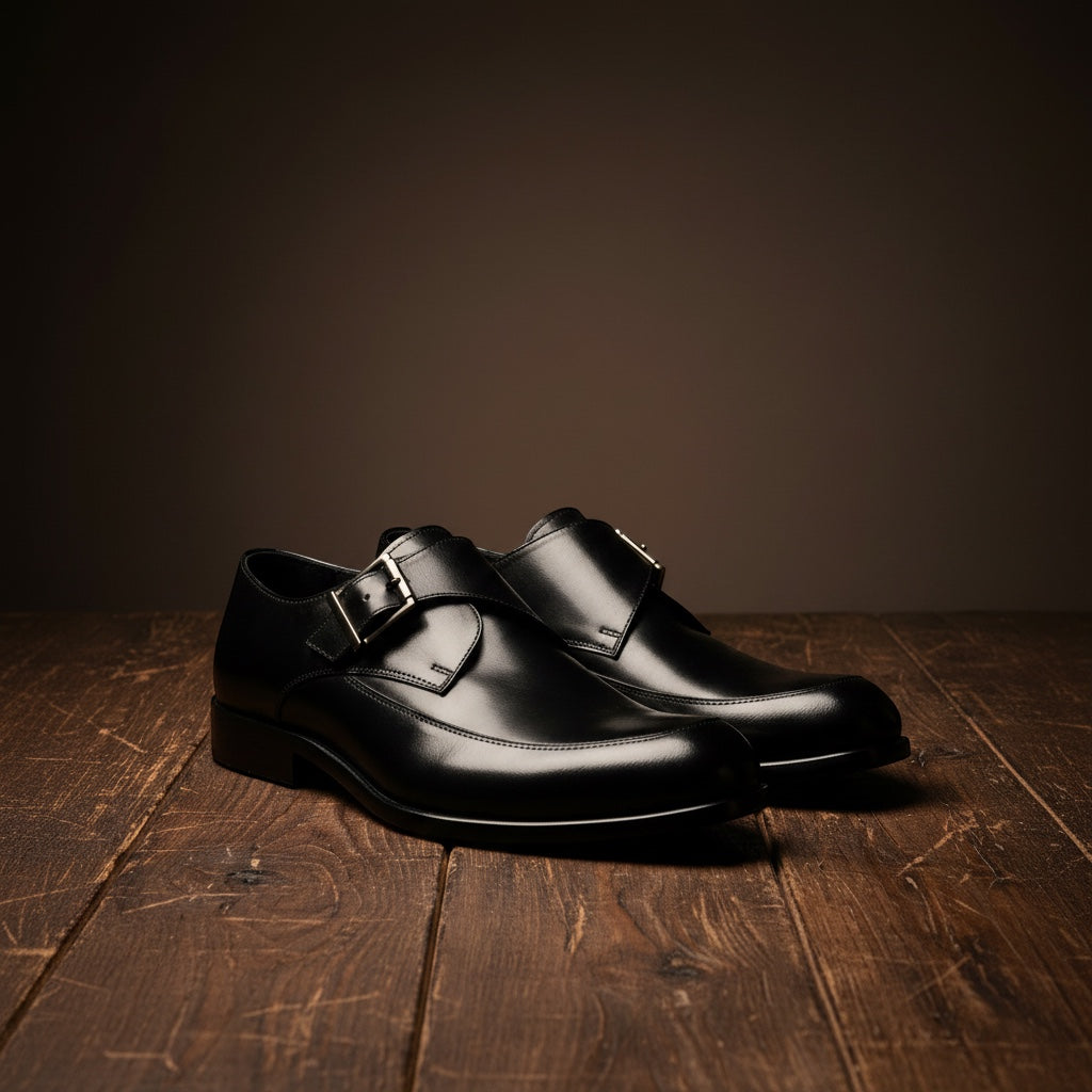 Barcon Getta Inc MORONI black full grain leather single monk strap dress shoes with gunmetal buckle.