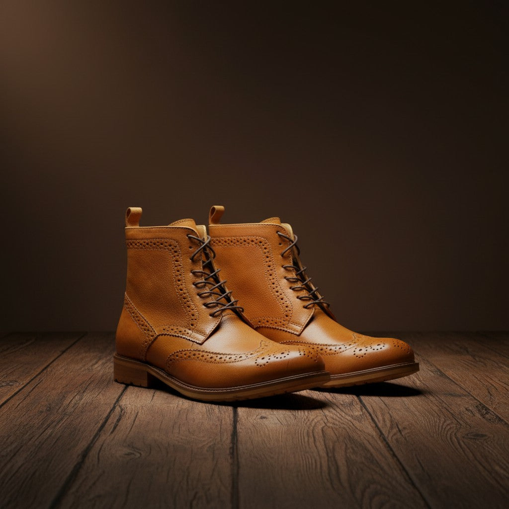 Barcon Getta Inc NAIROBI tan leather wingtip lace-up ankle boots with brogue detailing.