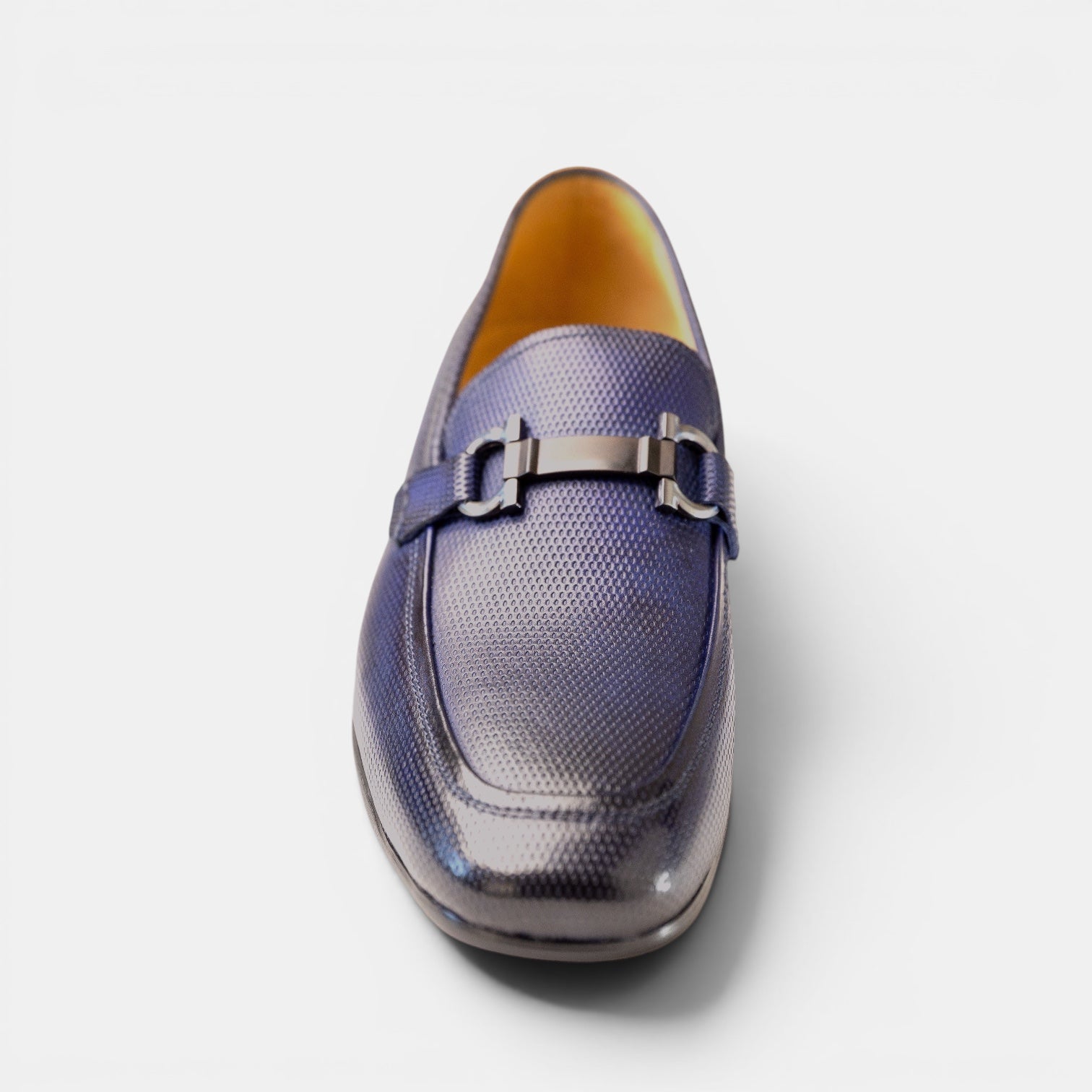 Barcon Getta Inc NAMPULA navy blue textured full grain leather horsebit loafer with gunmetal hardware.