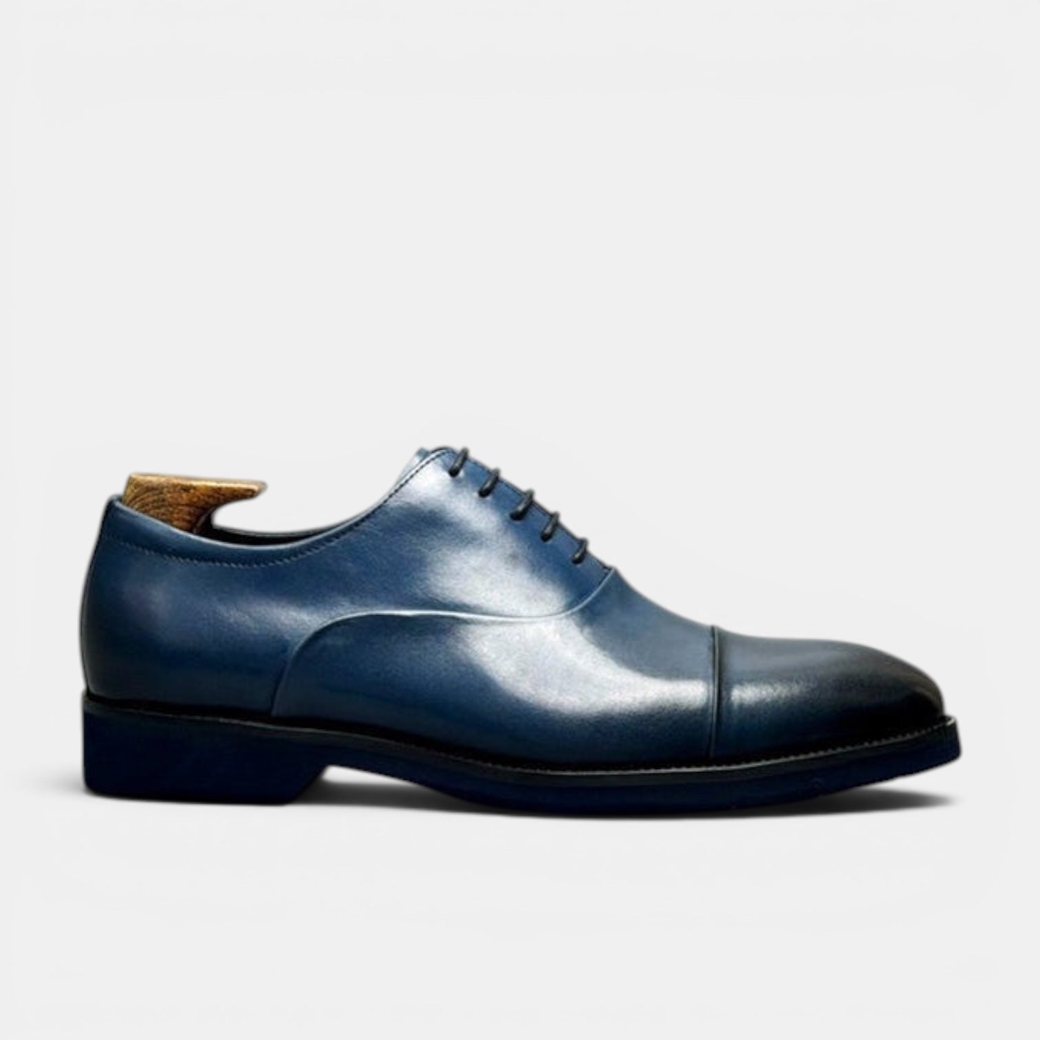 Barcon Getta Inc SAO TOME navy blue full grain leather cap toe Oxford dress shoes with a mirror-polish finish.