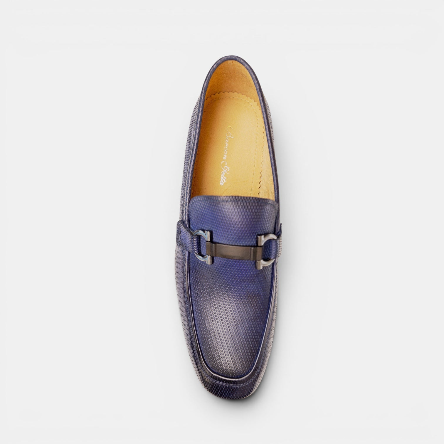Barcon Getta Inc. navy blue textured full-grain leather horsebit loafer with gunmetal hardware.