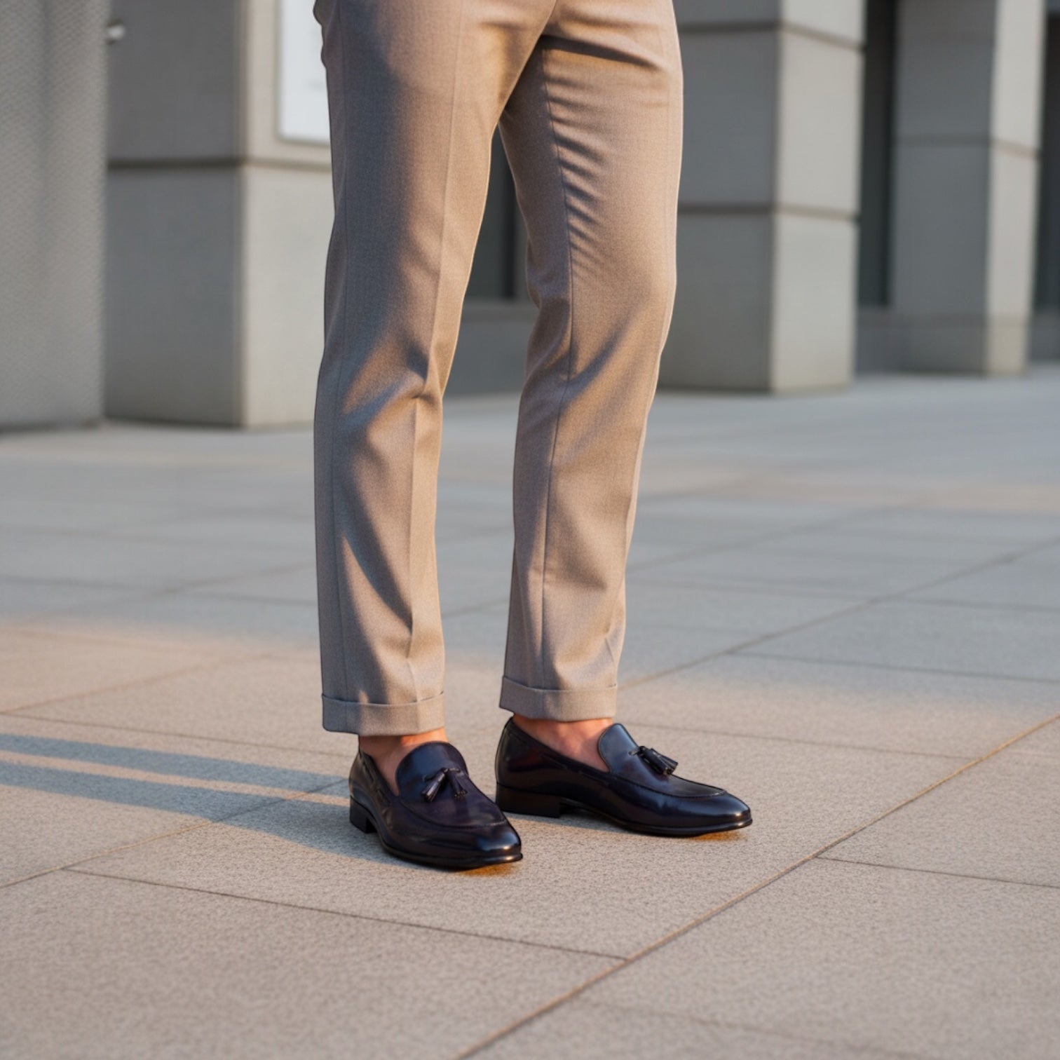 Barcon Getta Inc deep navy full grain leather tassel loafers with a mirror-polished finish and hand-stitched detail.