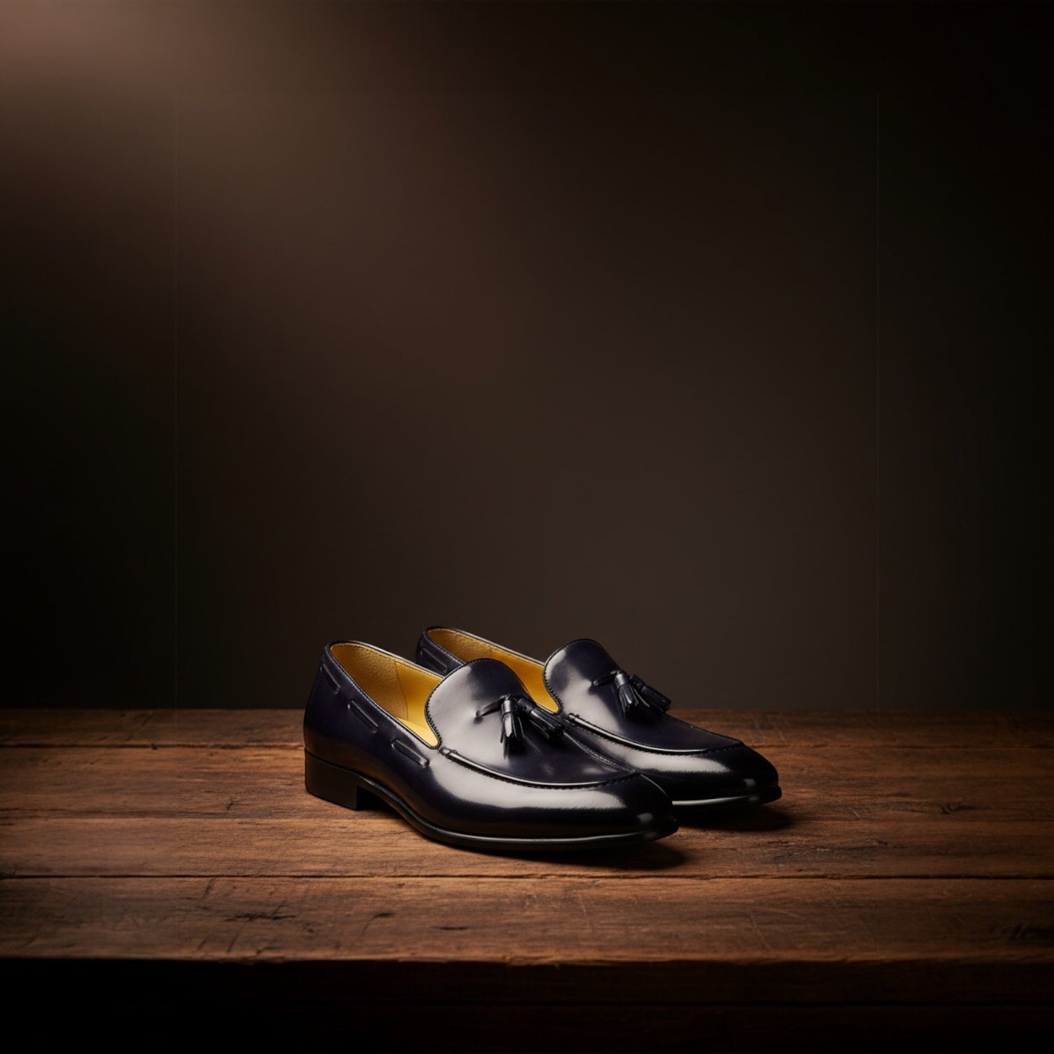 Barcon Getta Inc Kampala tassel loafers in deep navy full-grain leather with a patent-like finish and bright amber lining.