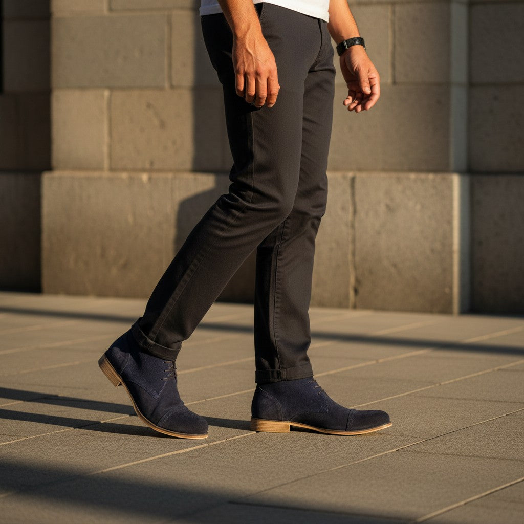 Barcon Getta Inc DJENNE navy blue suede leather chukka boots with cap toe detail and lace-up closure.