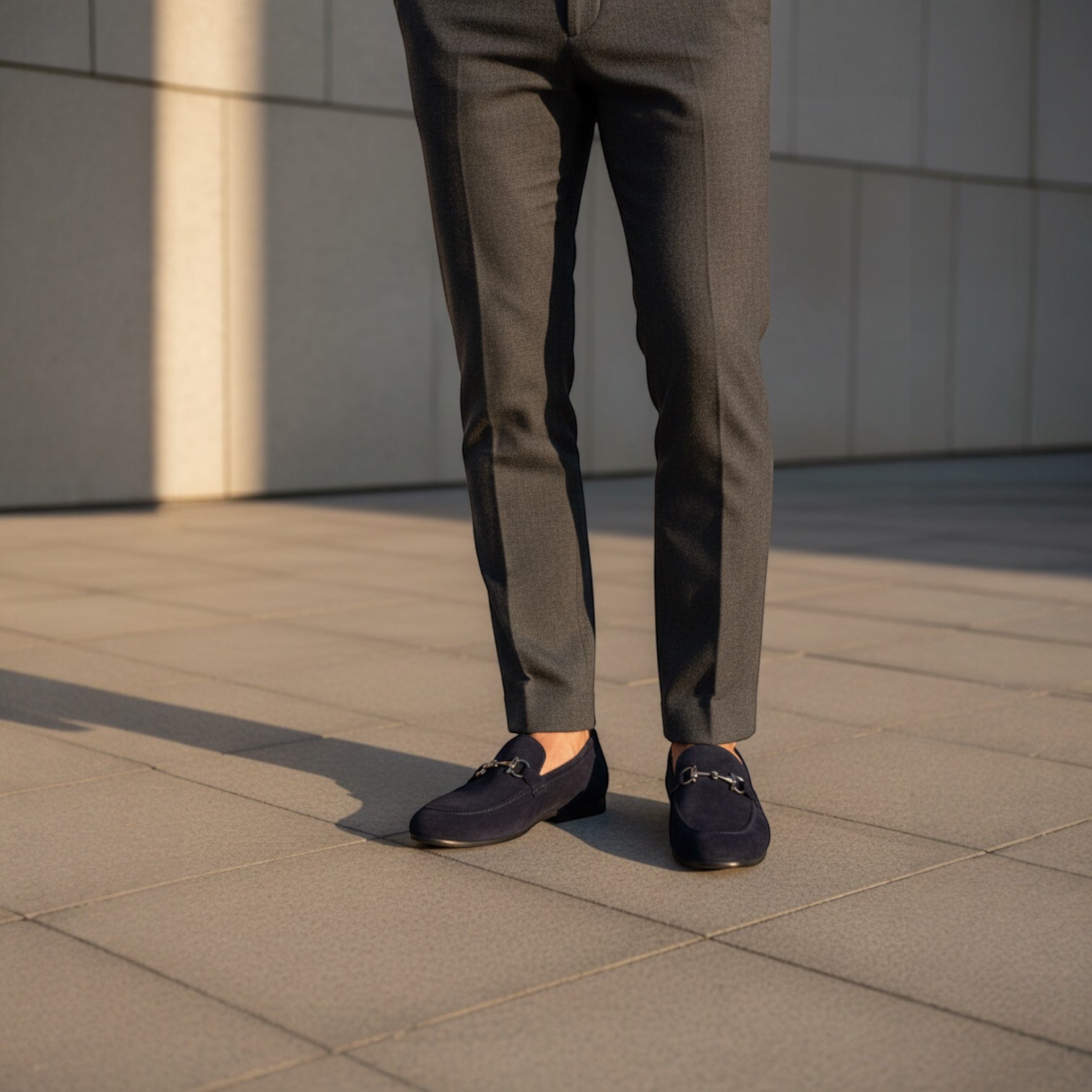 Barcon Getta Inc navy blue suede horsebit loafers with silver-tone hardware.