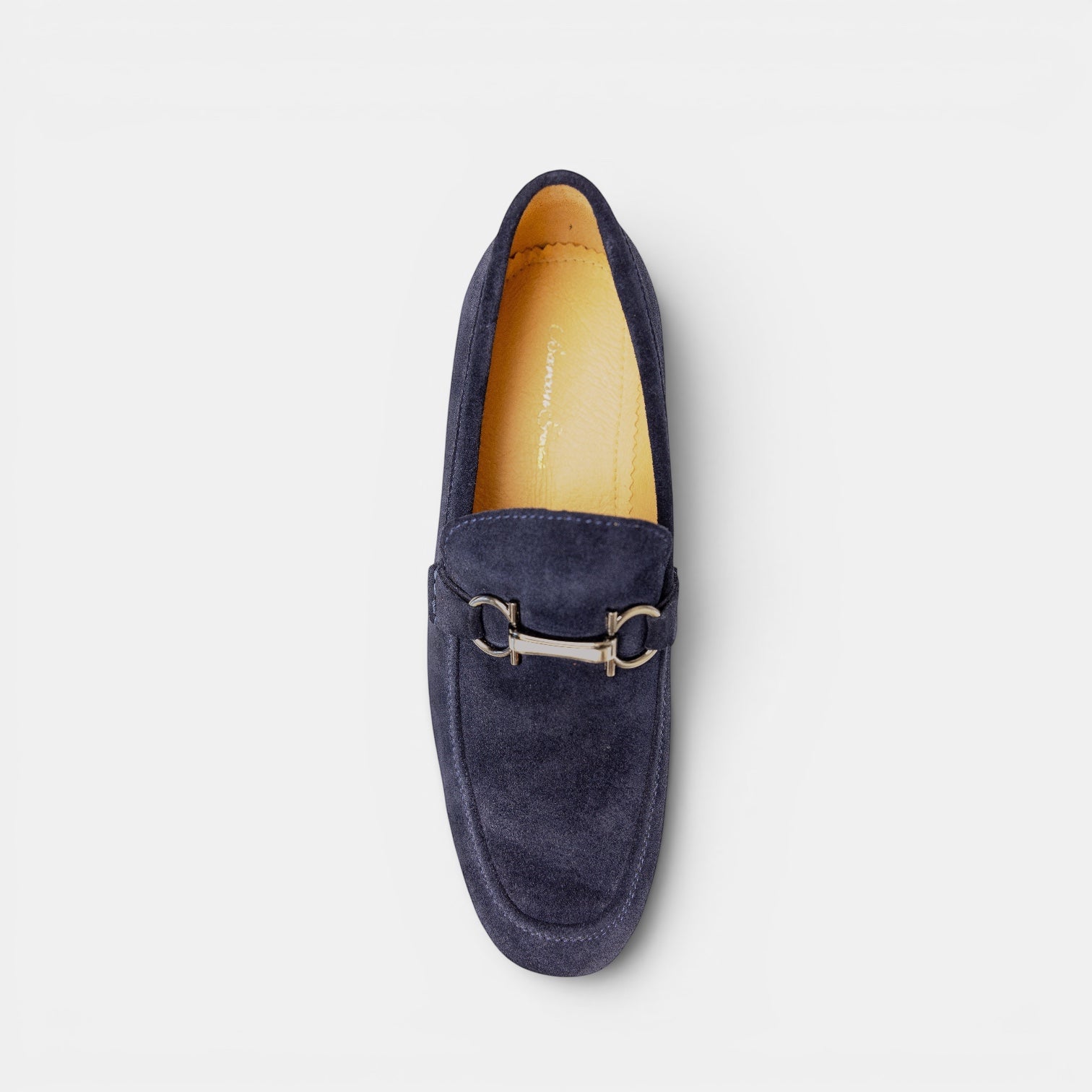 Barcon Getta Inc navy blue suede horsebit loafer with silver-tone double-bar bit detail.