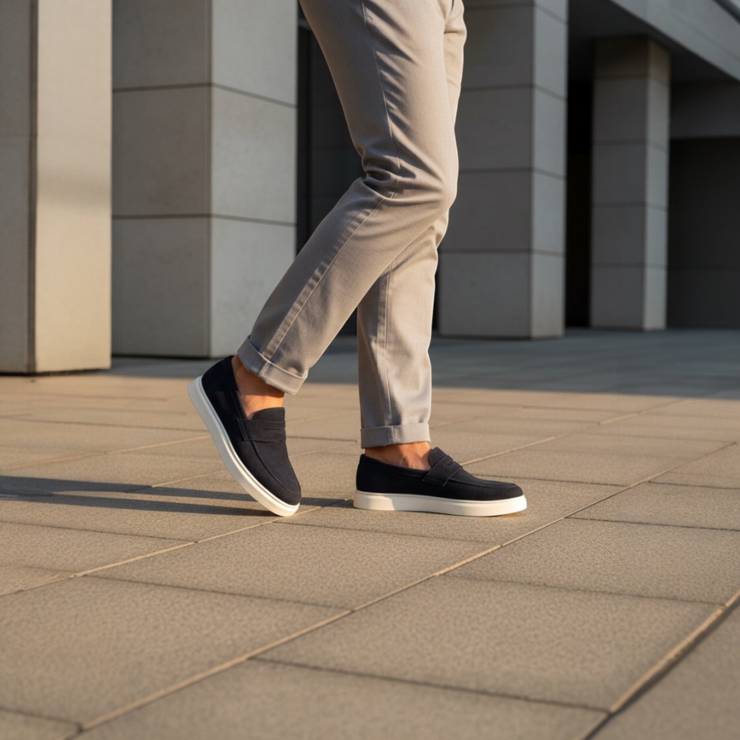 Barcon Getta Inc MEDA navy suede penny loafer sneakers with white soles and a penny saddle strap.