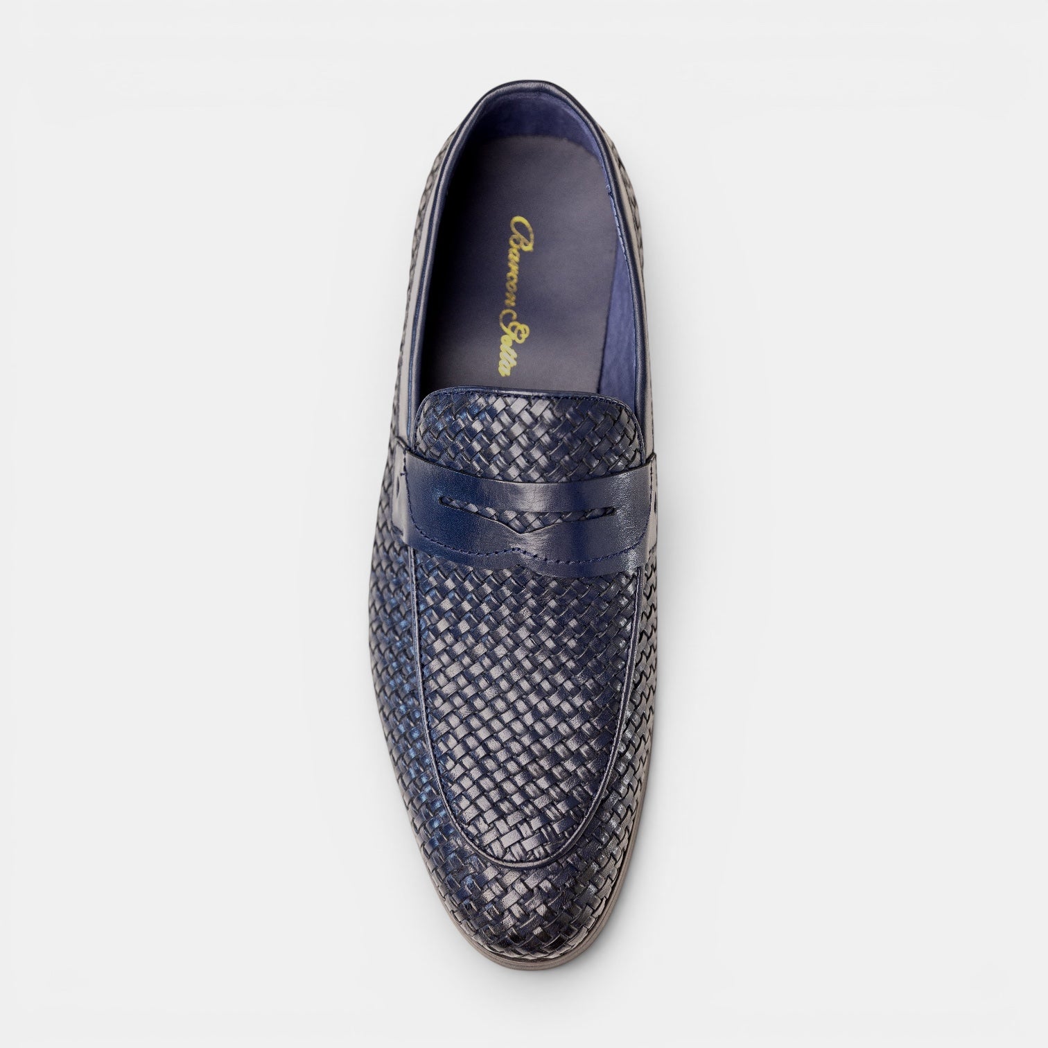 Barcon Getta Inc navy blue woven full-grain leather penny loafer with smooth leather strap and leather lining.
