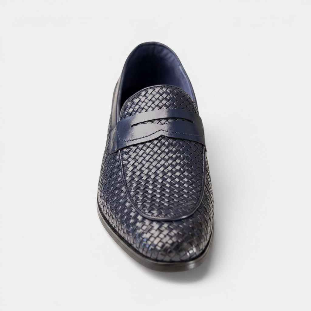 Barcon Getta Inc navy blue woven full grain leather penny loafer with smooth leather strap.