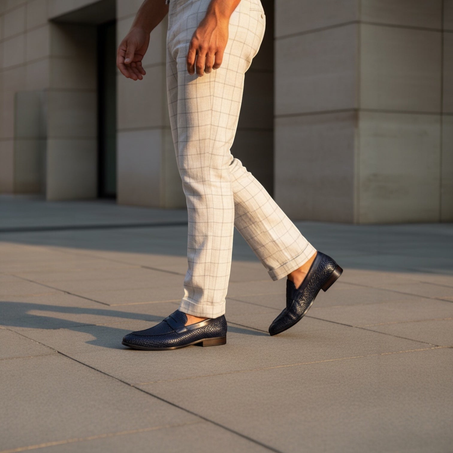 Barcon Getta Inc navy blue woven leather penny loafers with smooth leather strap, worn by a man walking.