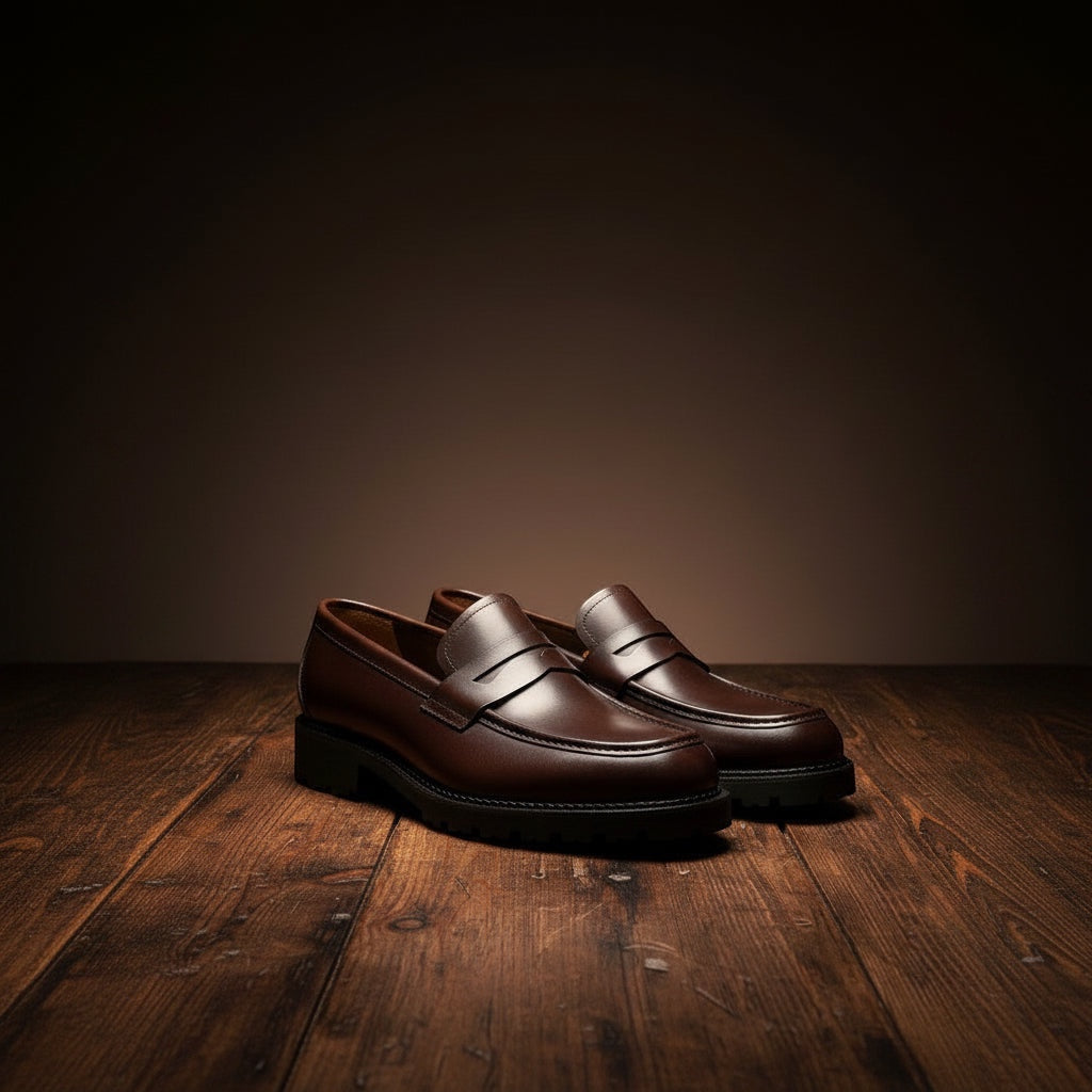 Barcon Getta Inc NIAMEY Penny Loafer in polished brown leather with a lug sole. Classic penny loafer design with a modern silhouette.