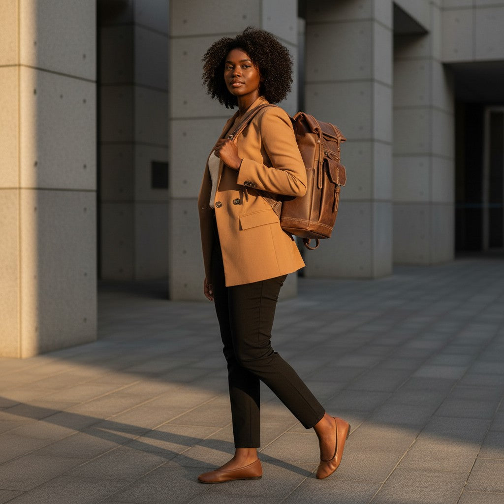 Barcon Getta Inc NOMAD brown Ethiopian leather roll-top backpack with buckle closure and multiple pockets.