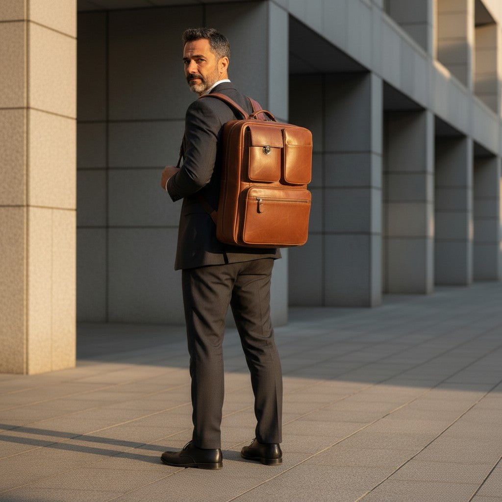 Barcon Getta Inc NOVA OFFICE brown leather backpack with multiple pockets and laptop compartment.