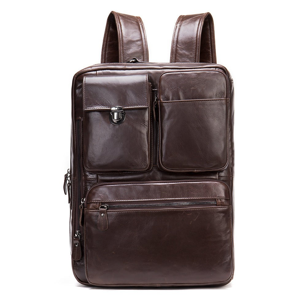 Barcon Getta Inc NOVA OFFICE dark brown genuine leather backpack with multiple pockets and adjustable straps.