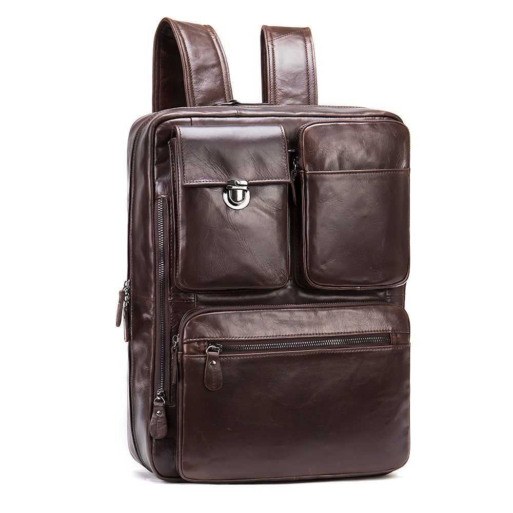 Barcon Getta Inc NOVA OFFICE dark brown genuine leather backpack with multiple pockets and silver hardware.