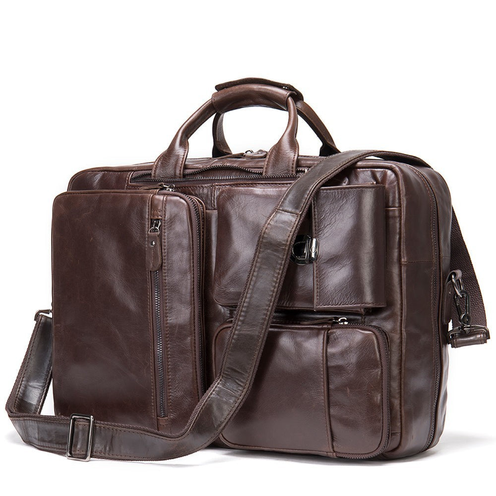 Barcon Getta Inc NOVA OFFICE dark brown genuine leather briefcase with multiple pockets and adjustable strap.