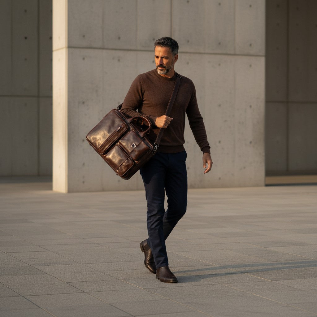 Barcon Getta Inc NOVA OFFICE dark brown genuine leather briefcase with multiple pockets and adjustable strap.
