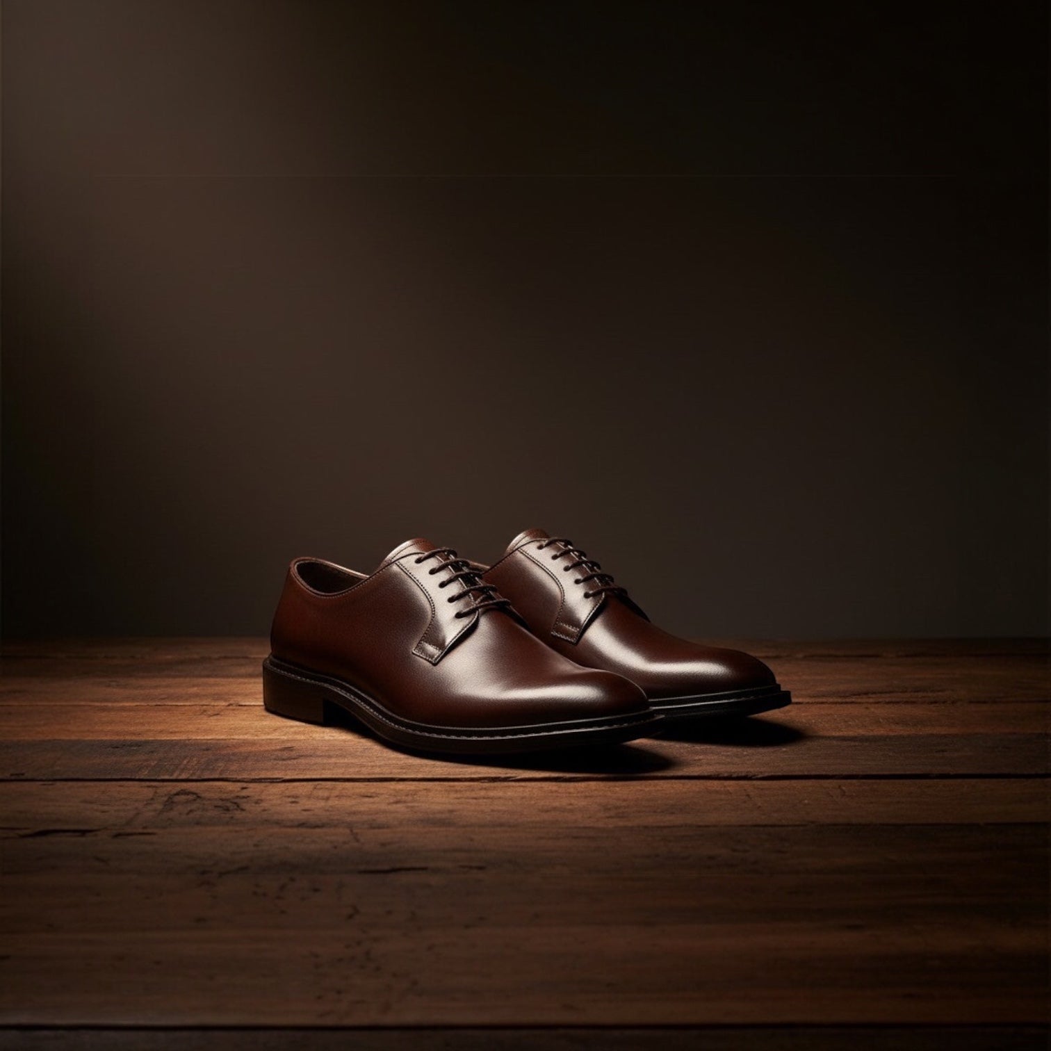 Barcon Getta Inc NYOTA plain toe Derby shoes in dark espresso brown hand-burnished full grain leather with a navy rubber sole.