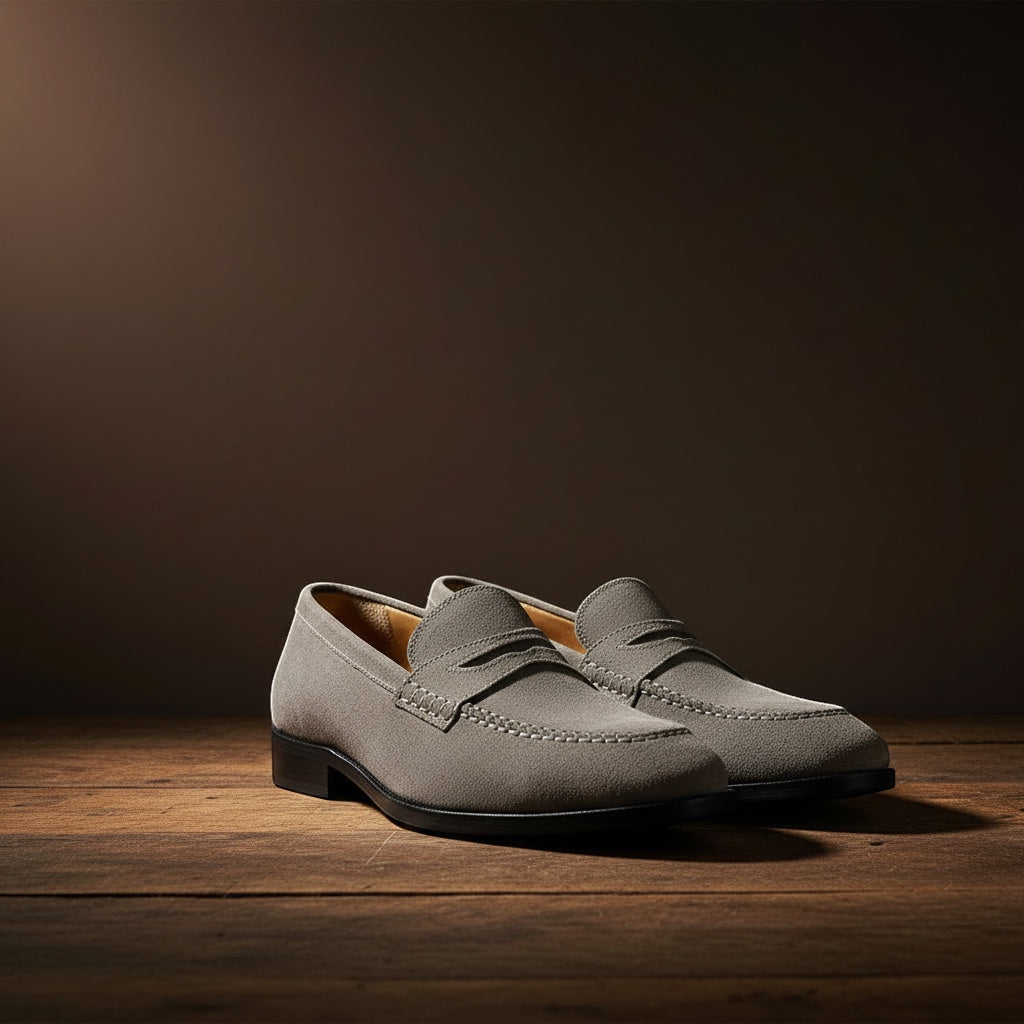 Barcon Getta Inc PHAROAH grey suede penny loafers with hand-stitched moccasin toe and tan leather insole.