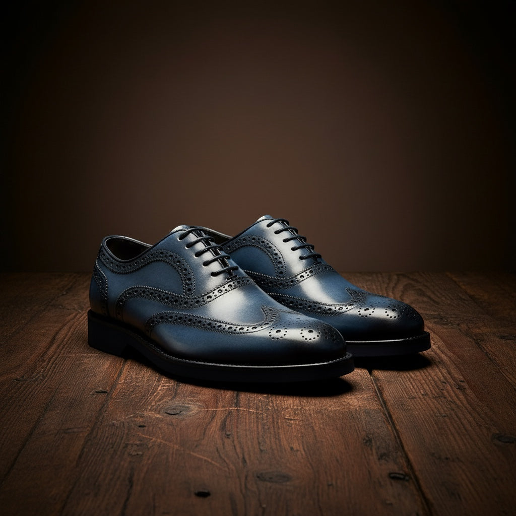 Barcon Getta Inc PORTO-NOVO navy blue full grain leather wingtip Oxford dress shoes with medallion toe