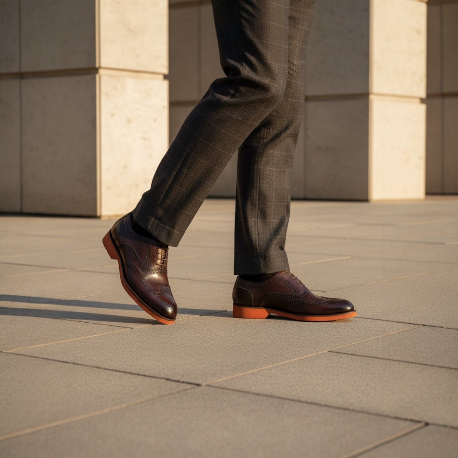 Barcon Getta Inc PORTO-NOVO oxblood full grain leather wingtip Oxford dress shoes with burnt orange rubber sole.