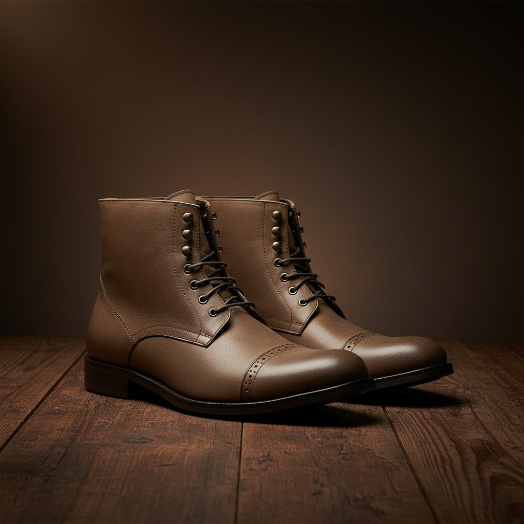 Barcon Getta Inc Pretoria taupe cap toe leather lace-up ankle boots, handmade from Ethiopian full grain calf and goat skin.