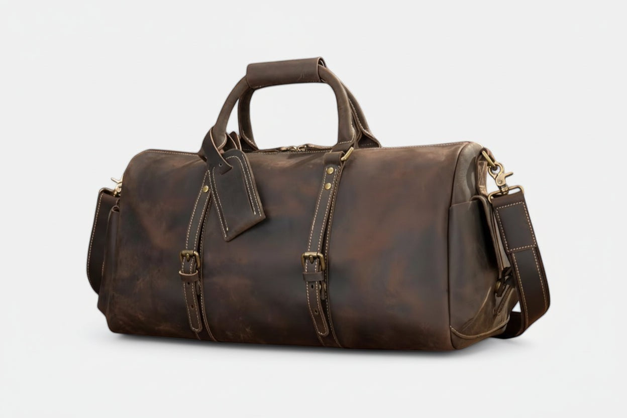 Barcon Getta Sahara Duffel Travel Bag – Dark Coffee Brown – Front Profile Full Grain Leather with Brass Hardware - on a light gray background