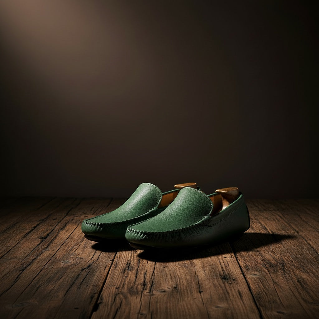 Barcon Getta Inc SERENGETI forest green full-grain leather slip-on loafers with hand-stitched moccasin construction.