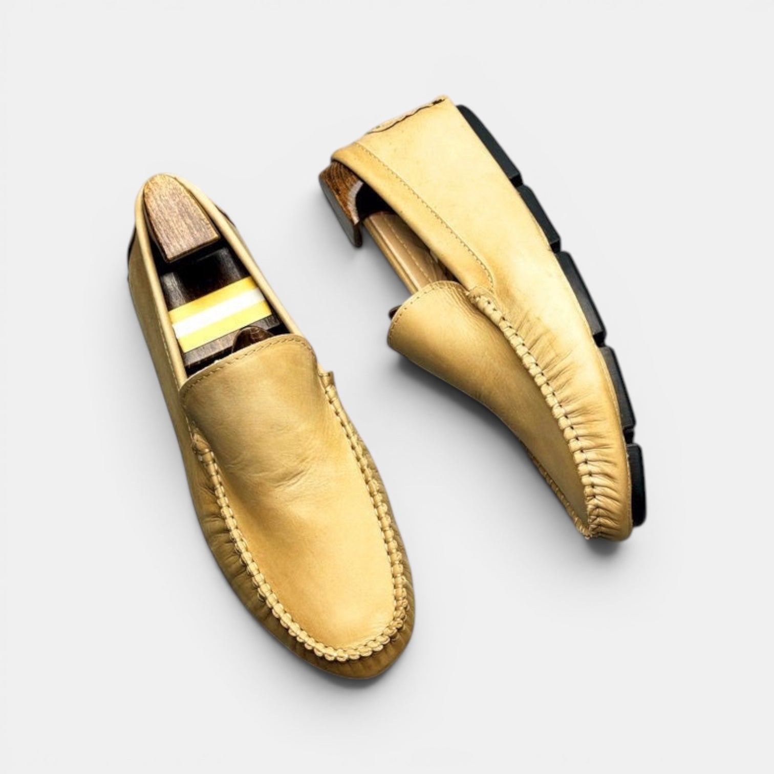 Barcon Getta Inc SERENGETI gold/champagne full-grain leather driver slip-on loafers with hand-stitched moccasin construction.