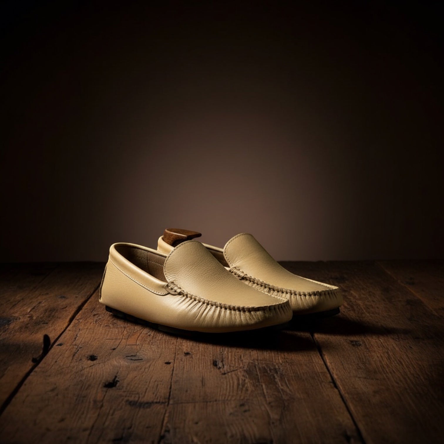 Barcon Getta Inc. SERENGETI gold/champagne full-grain leather slip-on loafer shoes with hand-stitched moccasin construction.