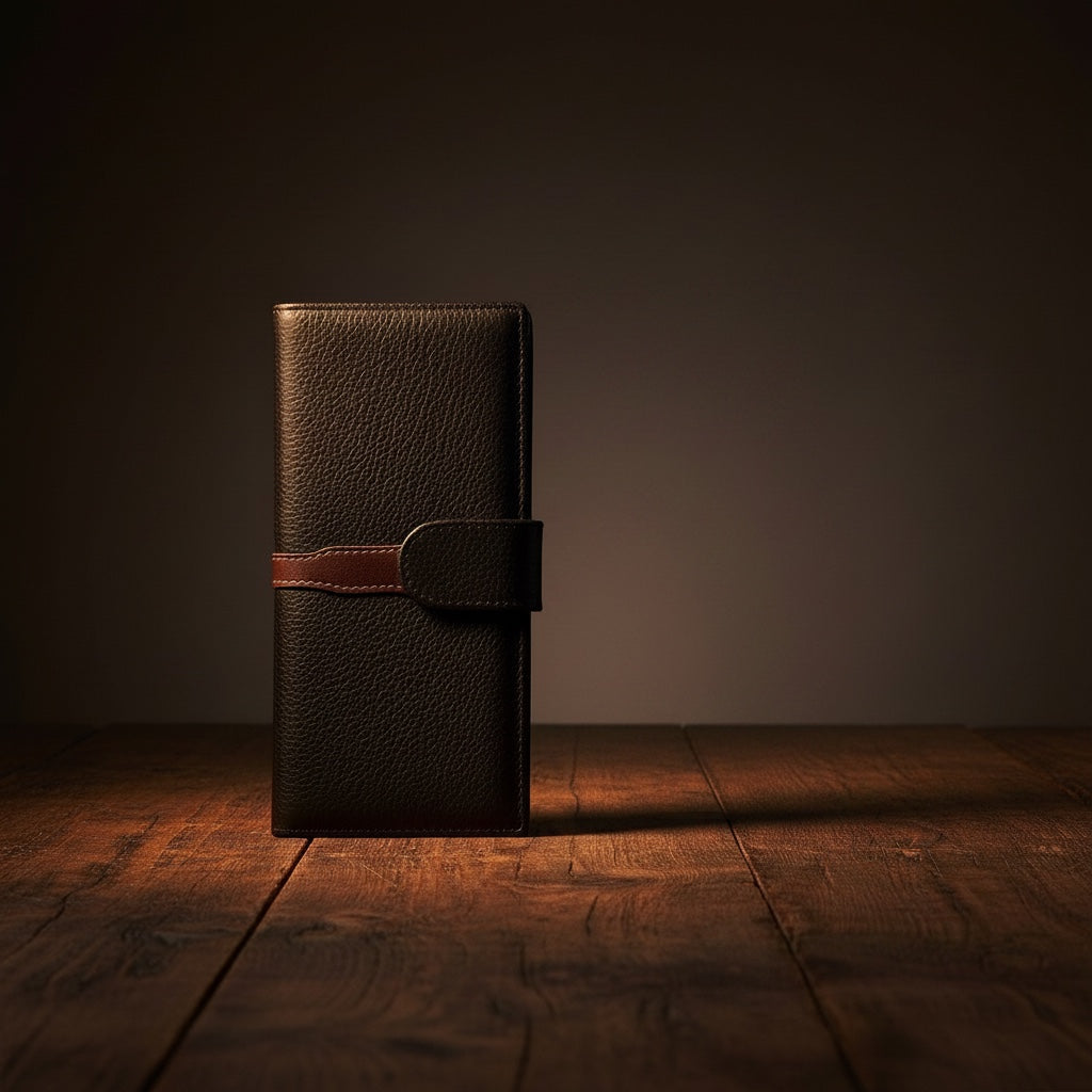 Barcon Getta Inc The Slate Long black full grain leather wallet with brown strap detail, 8 card slots, bill compartments, ID window.