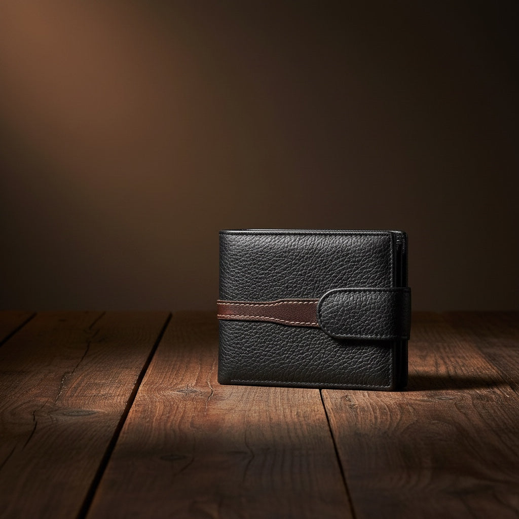 Barcon Getta Inc The Slate Short black full grain leather bifold wallet with brown accent strap and snap closure.