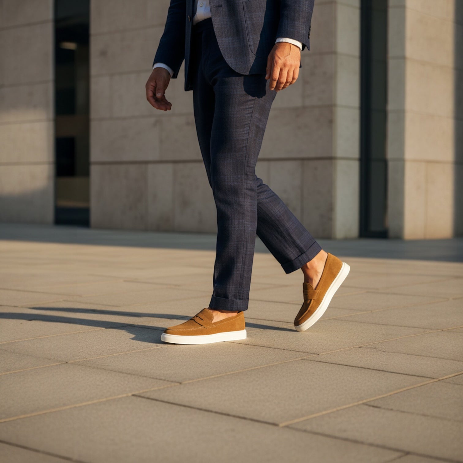 Barcon Getta Inc MEDA Suede Penny Loafer Sneakers in warm tan with white soles. Men's slip-on shoes.