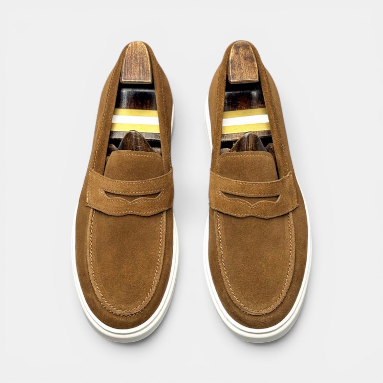 Barcon Getta Inc MEDA Suede Penny Loafer Sneakers in warm tan with a penny saddle strap and white cupsole.