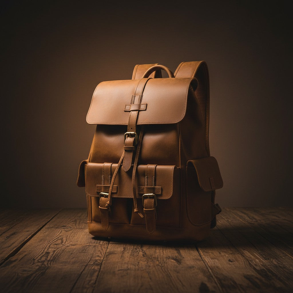Barcon Getta Inc tan brown full grain Ethiopian leather backpack with buckle closures and side pockets.
