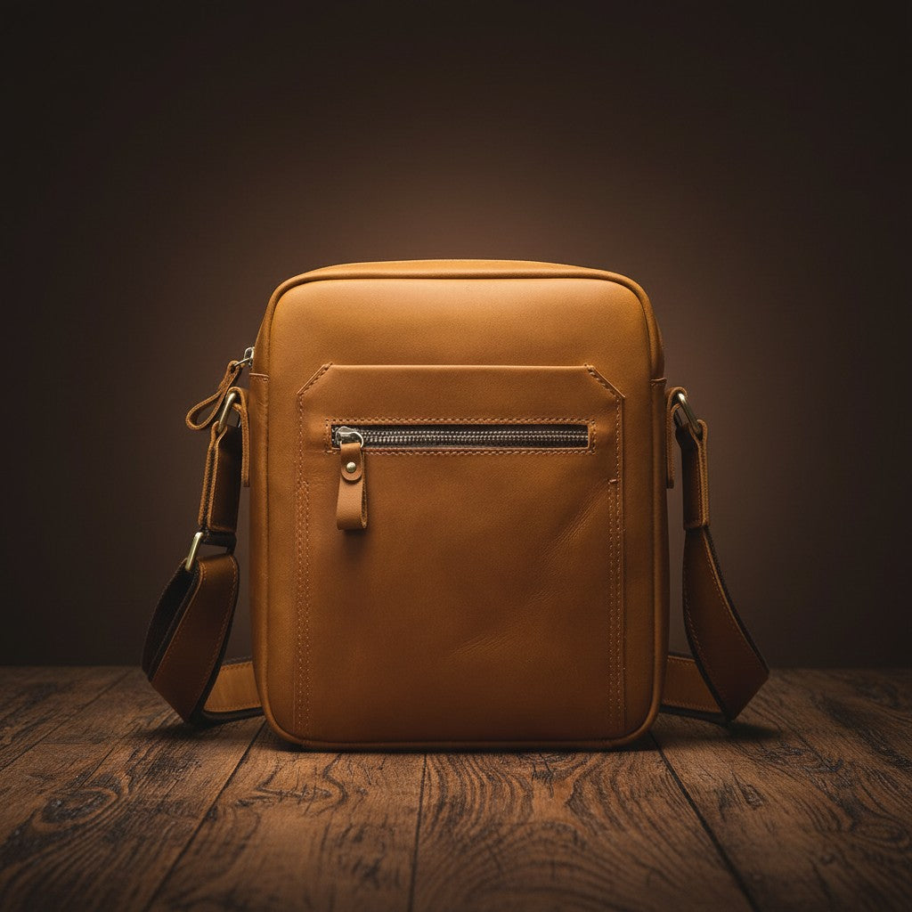 Barcon Getta Inc tan full grain leather crossbody bag with front zipper pocket and adjustable strap.