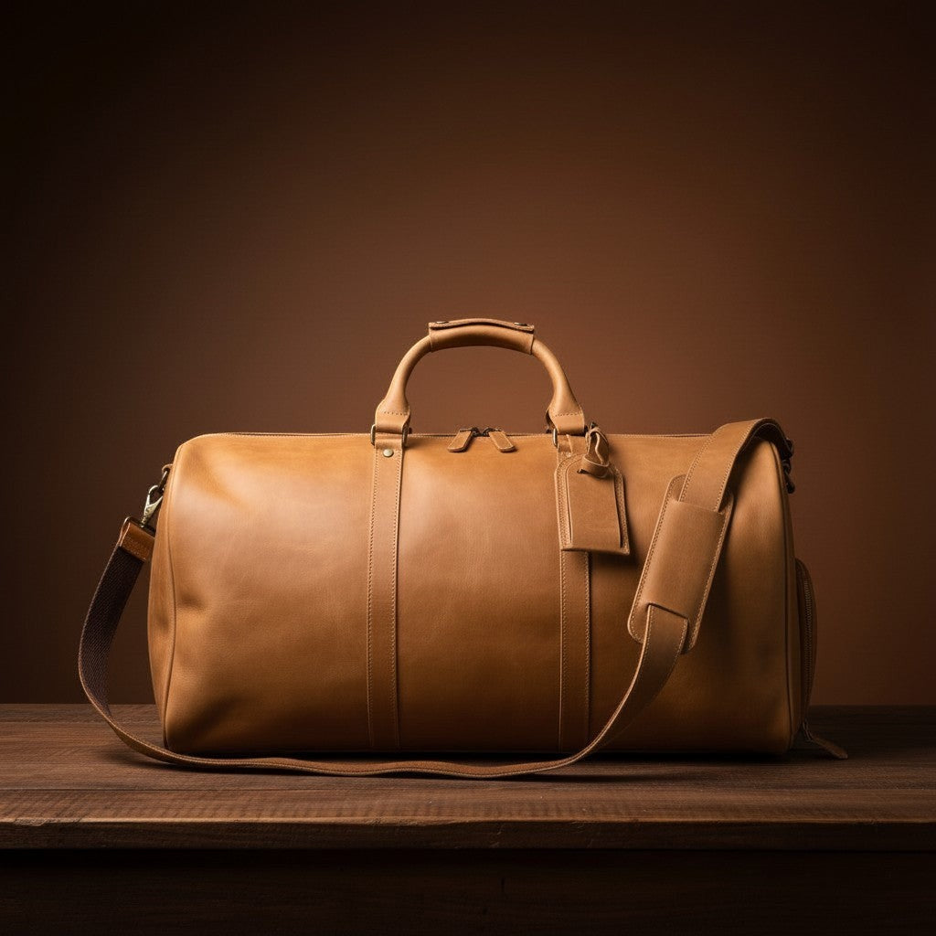 Barcon Getta Rassi Safari Duffel travel Bag – Tan – East African Full Grain Leather Studio Shot