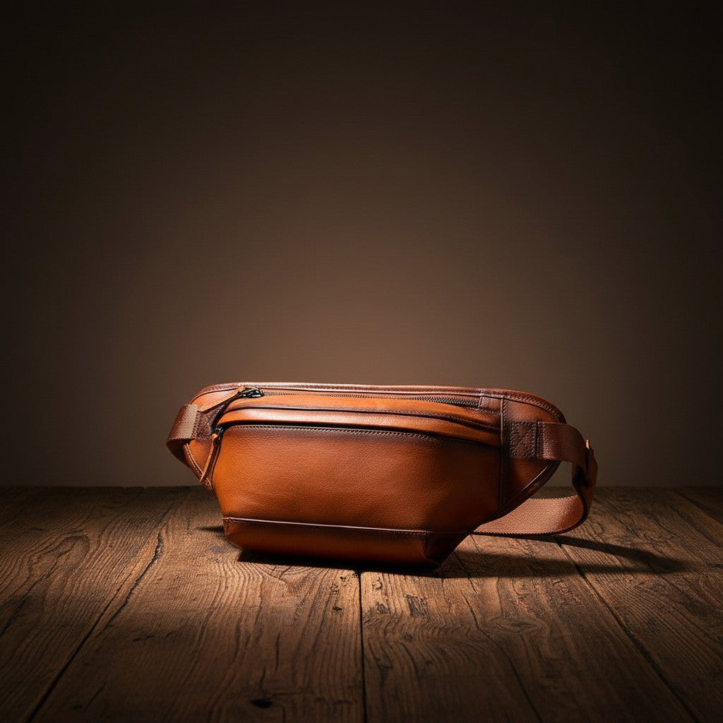 Barcon Getta Inc tan Ethiopian leather fanny bag with adjustable strap and zipper pocket. Handmade full grain leather.