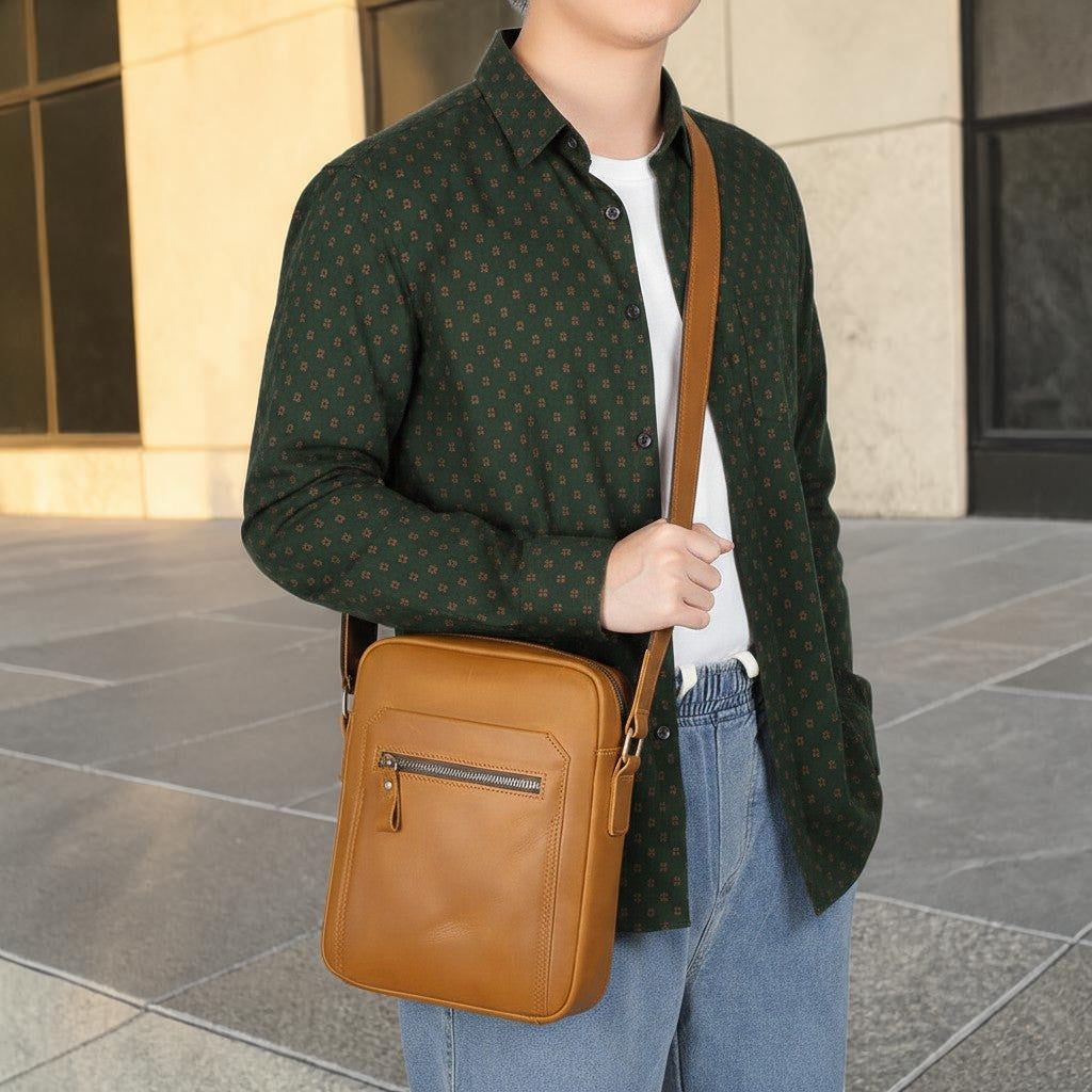 Barcon Getta Inc tan leather crossbody bag with multiple pockets and zipper closure, worn by a person.