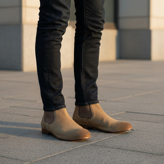 Barcon Getta Inc tan suede Chelsea boots with elastic side panels and pull tab. Handmade from Ethiopian leather.