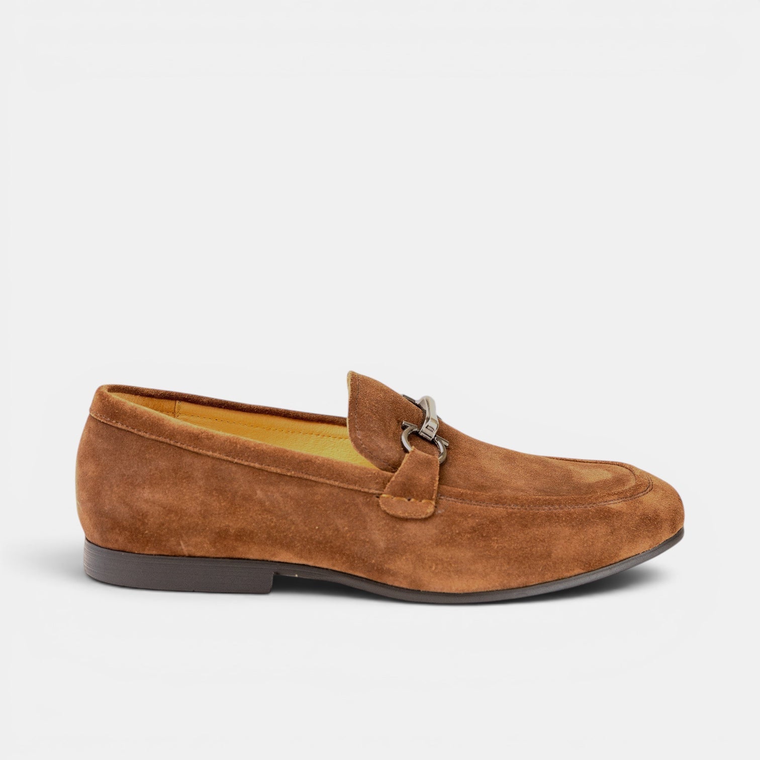 Barcon Getta Inc tan suede horsebit loafer with silver-tone double-bar bit. Full grain leather.