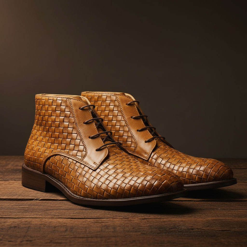 Brown woven leather boots on a wooden surface with a dark background