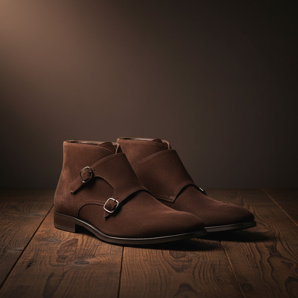 Barcon Getta Inc TIMBUKTU dark brown suede leather double monk strap ankle boots