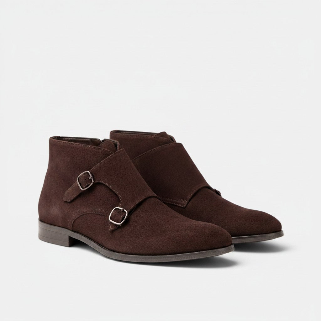 Barcon Getta Inc TIMBUKTU dark brown suede double monk strap ankle boots. Handmade from Ethiopian leather.