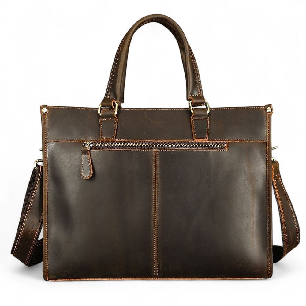 Barcon Getta Inc The Vanguard dark brown 100% Ethiopian leather briefcase with multiple pockets and laptop compartment.