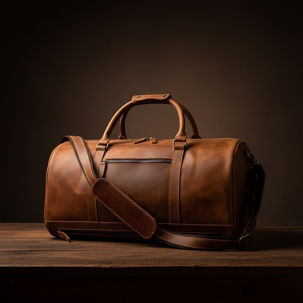 Barcon Getta Inc distressed brown leather duffel bag with top handles and adjustable shoulder strap.
