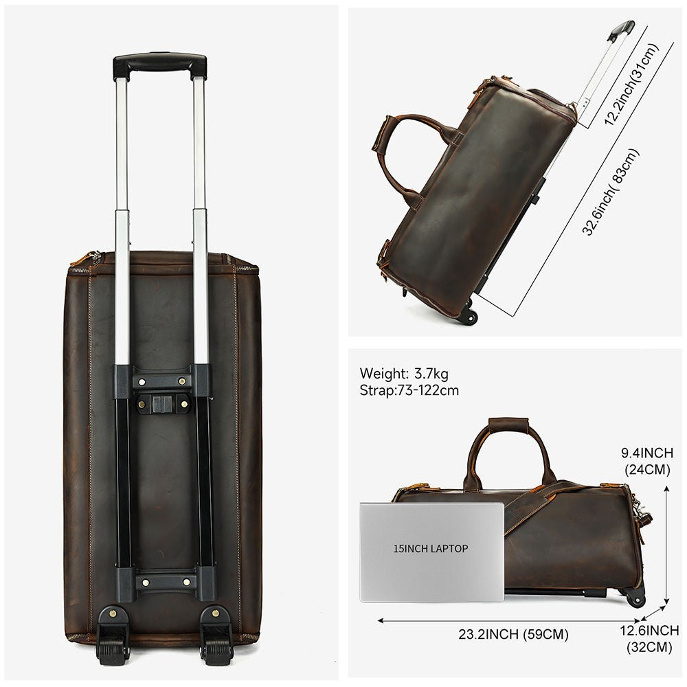 Barcon Getta Inc brown leather duffel bag on wheels with retractable handle, spacious interior, and elegant detailing for travel.