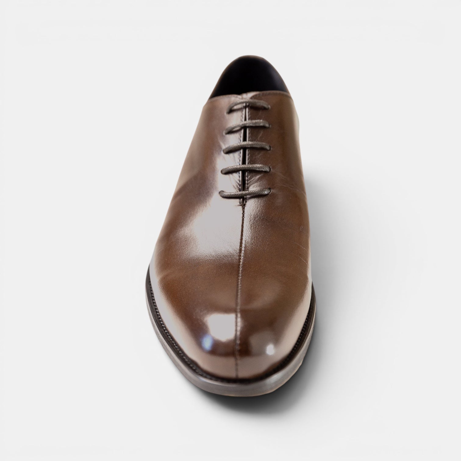 Barcon Getta Inc LOBAMBA whole-cut Oxford dress shoes in hand-burnished cognac brown full grain leather with a single vertical toe split seam.