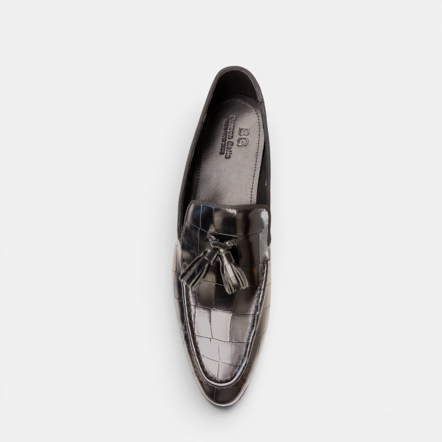 Barcon Getta Inc YAOUNDE embossed tassel loafer in deep olive/dark brown full-grain leather with croc emboss and silk tassel.