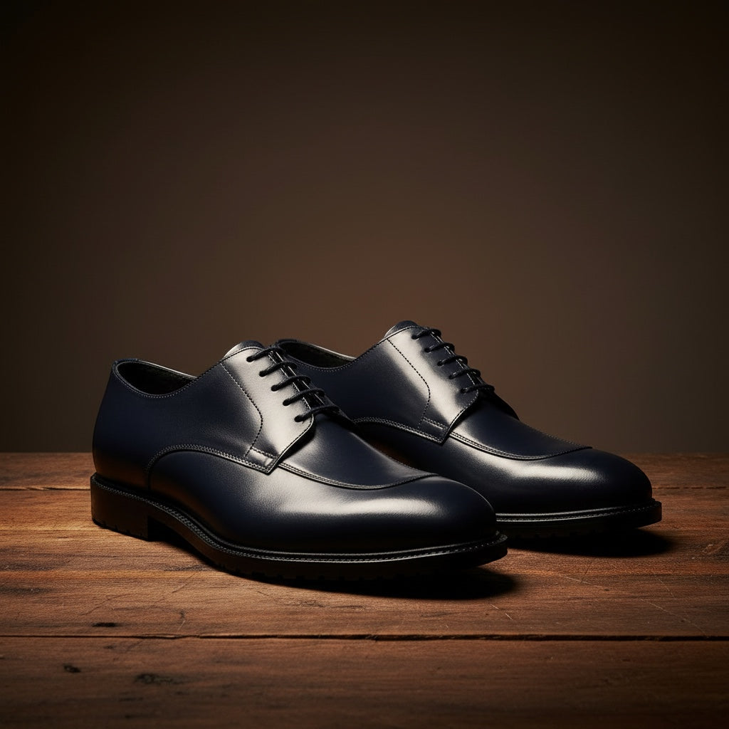 Barcon Getta Inc. YOSEF A. Split Toe Derby dress shoes in navy full grain leather with a chunky lug sole.